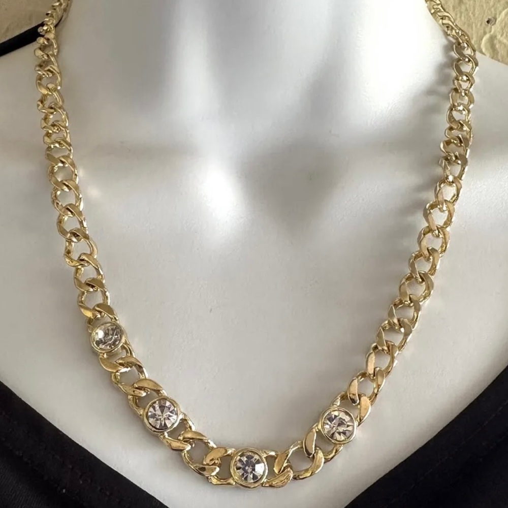 Curb Chain Necklace with Clear Crystals Gold Tone Costume Jewerly